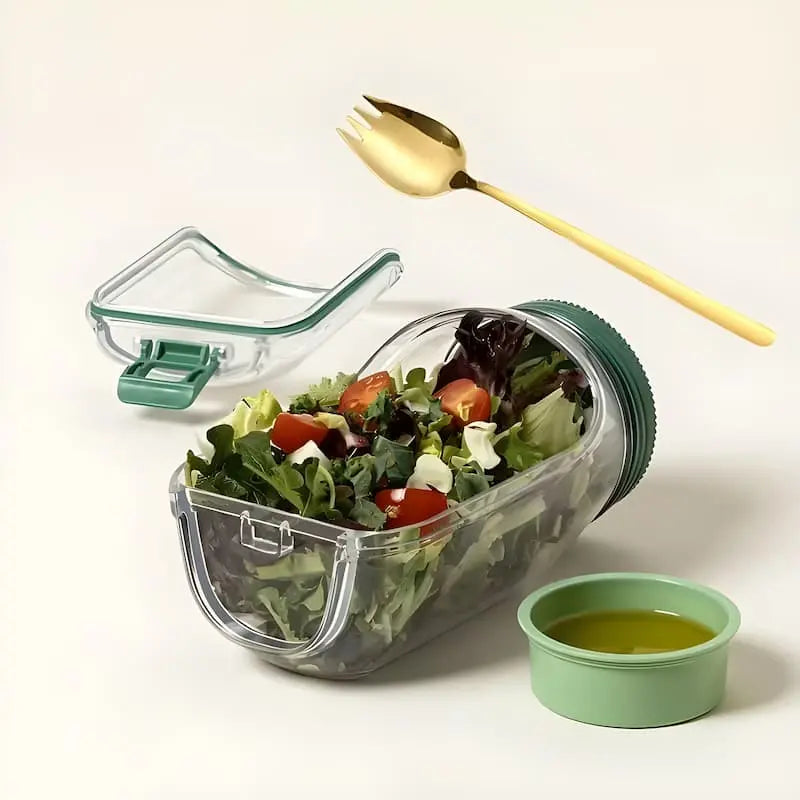 Salatbeholder i glas med sideåbning og tæt skruelåg