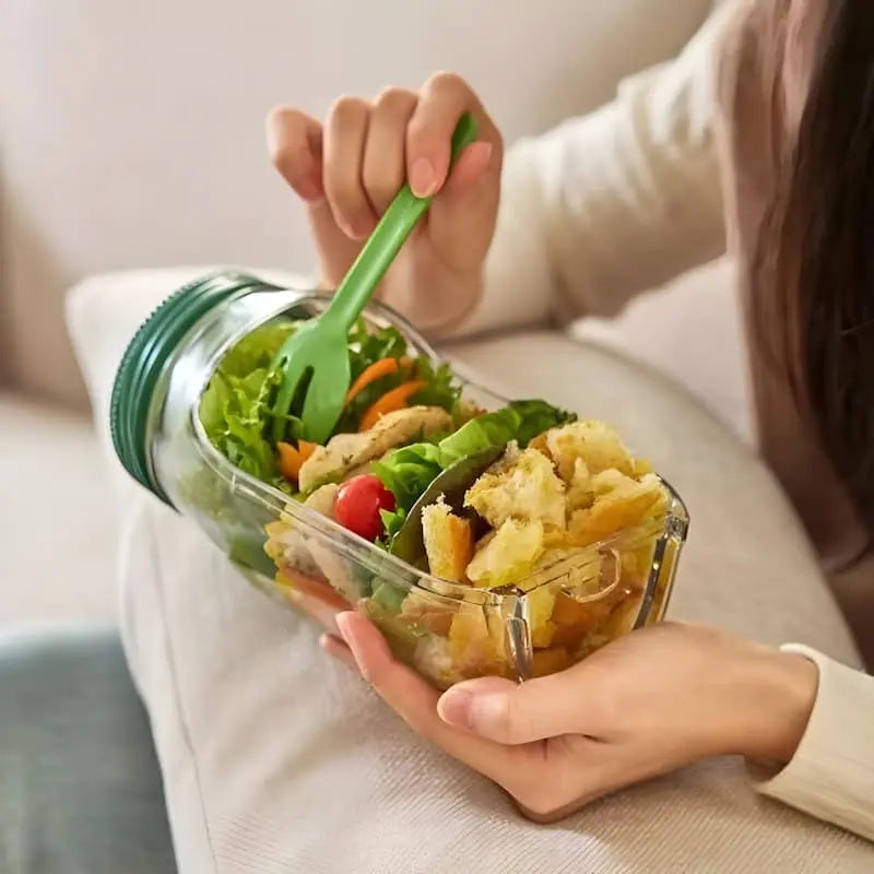 Salatbeholder i glas med sideåbning og tæt skruelåg