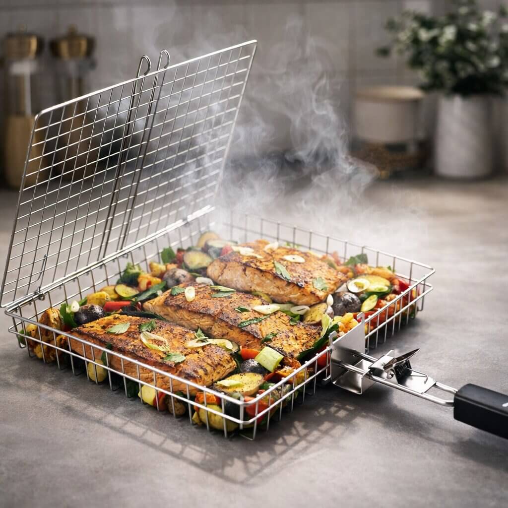 Grillkurv i rustfrit stål til jævn varmefordeling