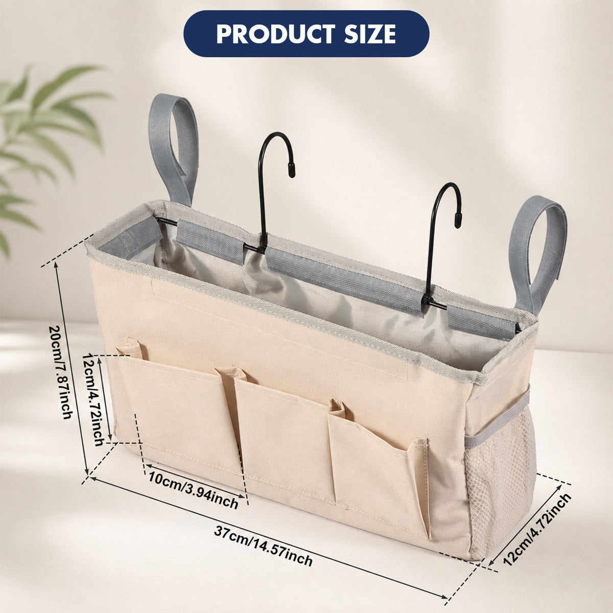Sengelomme i kanvas med 5 lommer og 2 kroge – 37 × 12 × 20 cm
