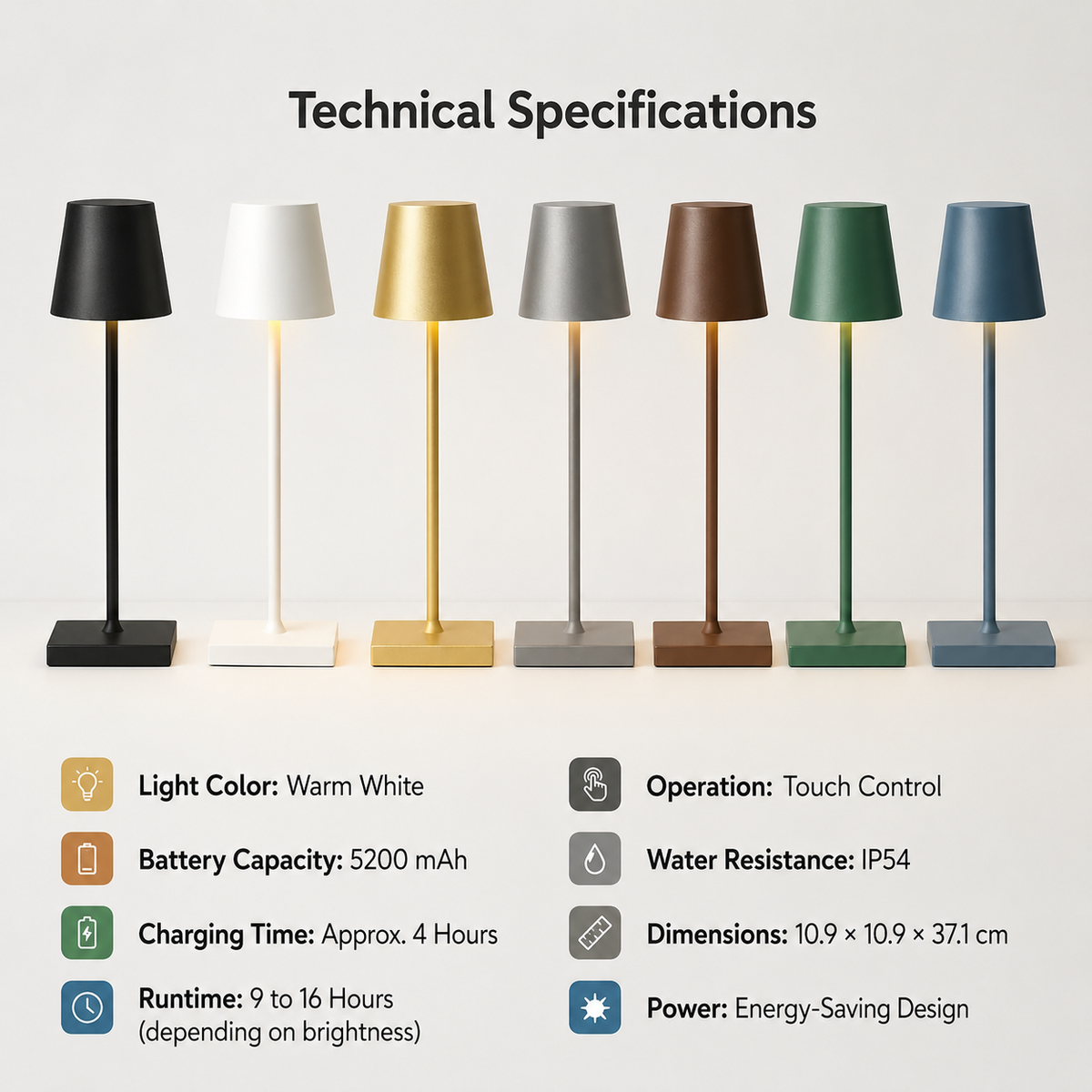 Trådløs genopladelig LED-bordlampe med touchdæmper