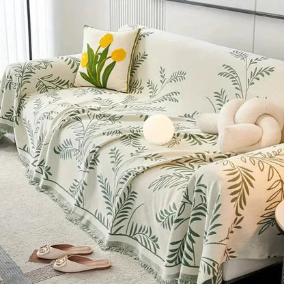 Sofaoverkast i chenille med jacquardvævede blade