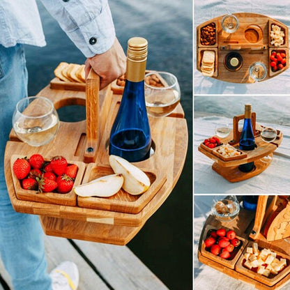 Bærbart picnicbord med plads til flaske, 2 glas og snacks