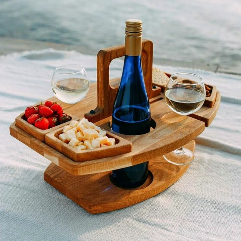 Bærbart picnicbord med plads til flaske, 2 glas og snacks