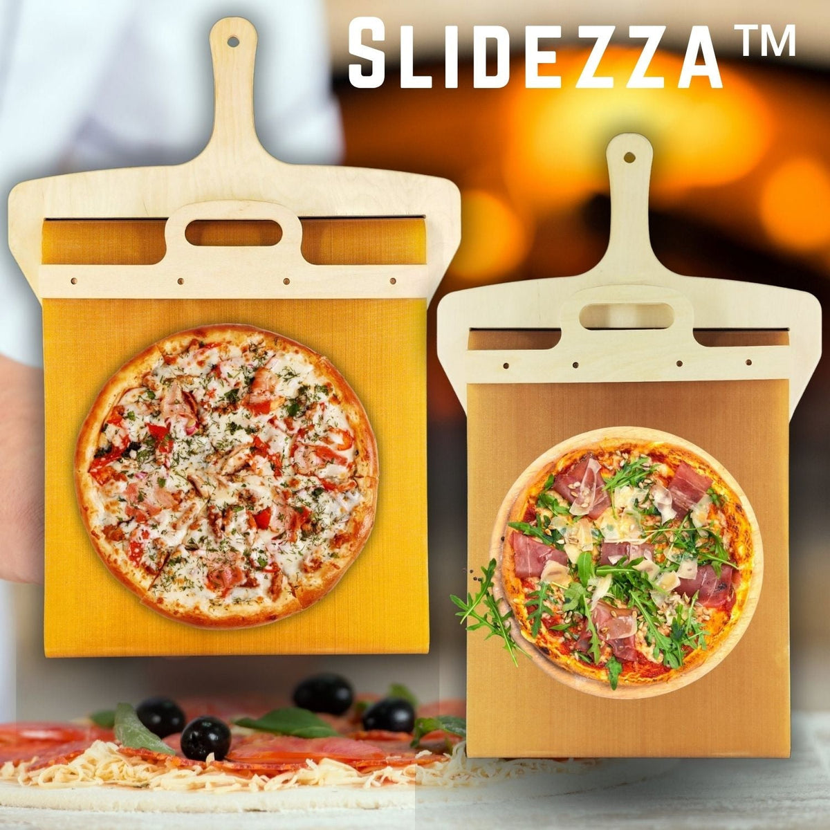 Pizzaspade med skydemekanisme i fødevaregodkendt materiale