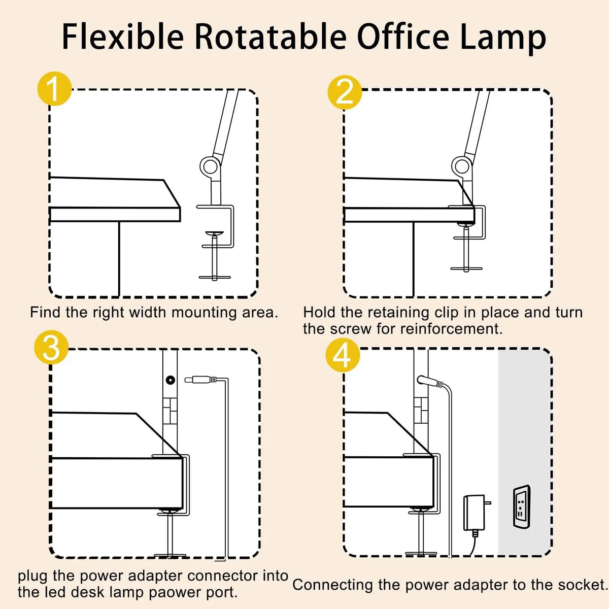 LED-skrivebordslampe med klemme og 4-delt arm