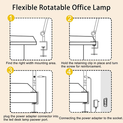 LED-skrivebordslampe med klemme og 4-delt arm