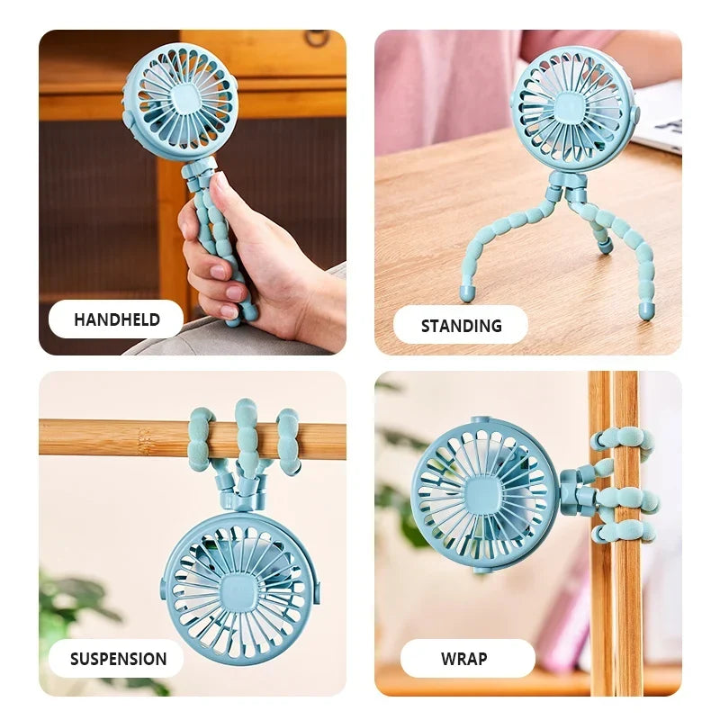 Genopladelig miniventilator med fleksible ben og LED-lys