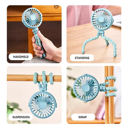 Genopladelig miniventilator med fleksible ben og LED-lys