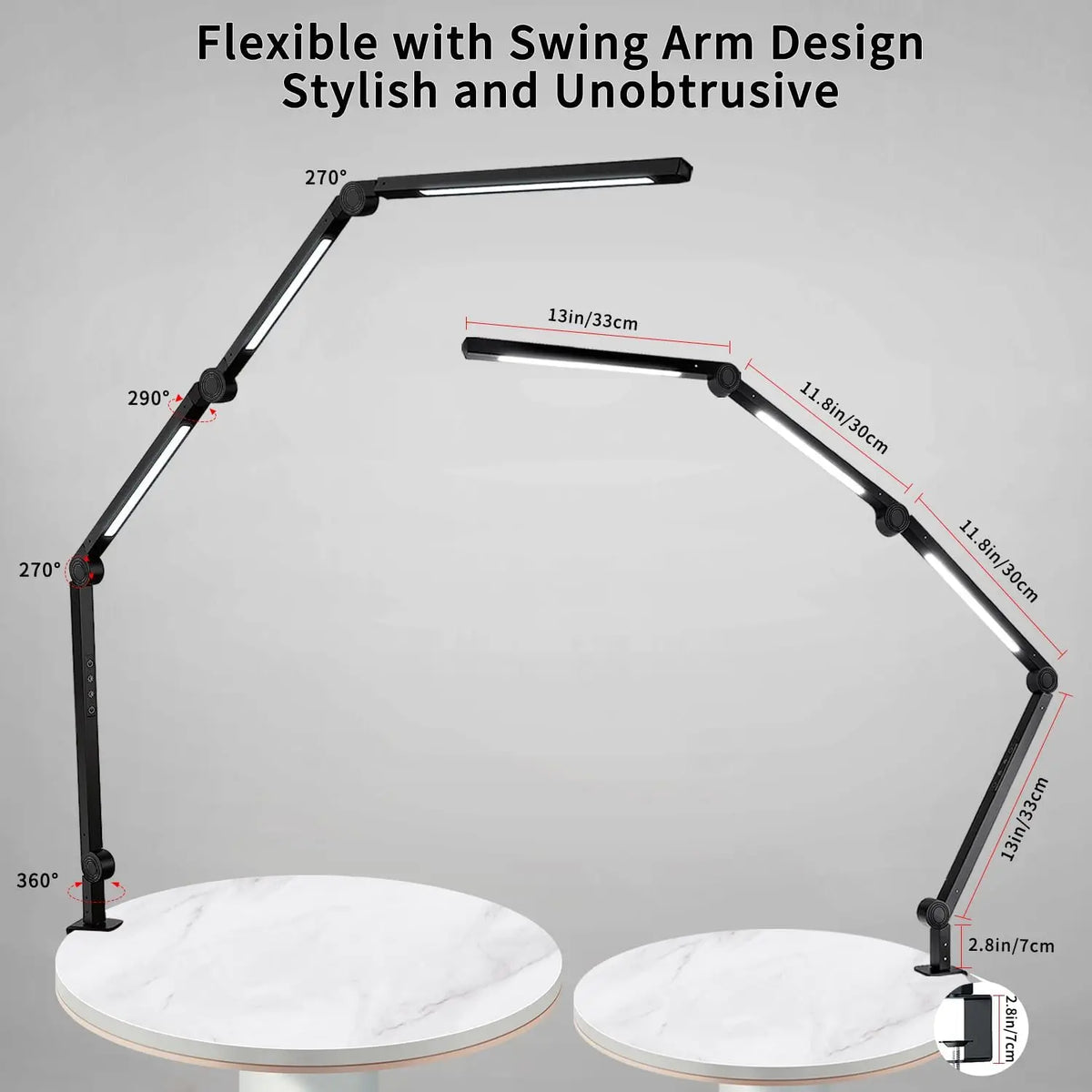 LED-skrivebordslampe med klemme og 4-delt arm