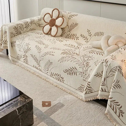 Sofaoverkast i chenille med jacquardvævede blade