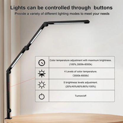 LED-skrivebordslampe med klemme og 4-delt arm