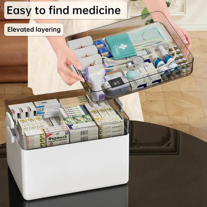 Medicin- og førstehjælpsboks med 3 niveauer og håndtag
