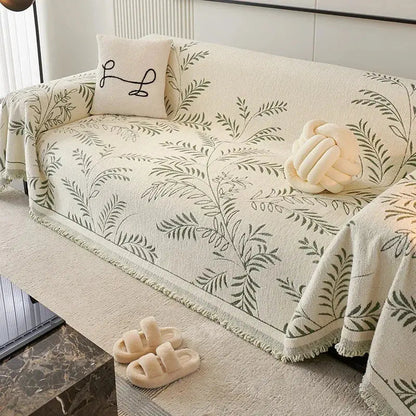 Sofaoverkast i chenille med jacquardvævede blade