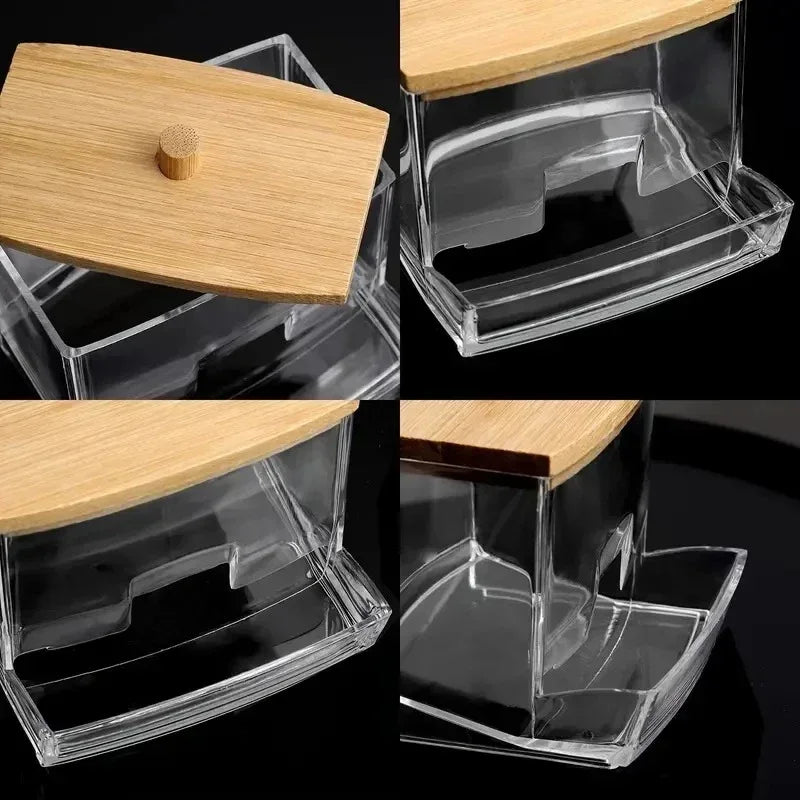 Vatpindebeholder i klar plast med bambuslåg – 9 × 7,2 × 9 cm