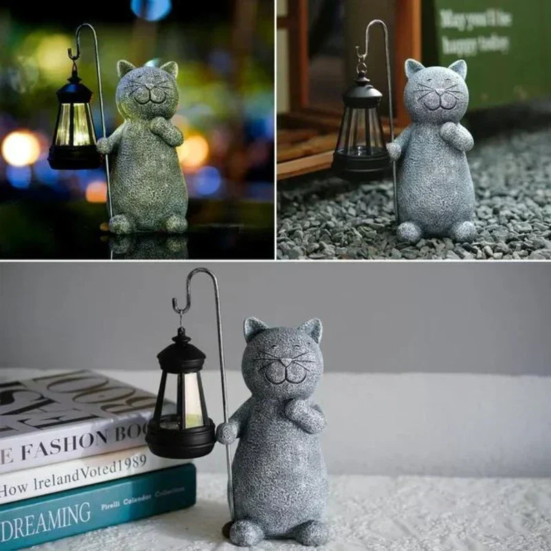 Solcellelampe med kattefigur til haven