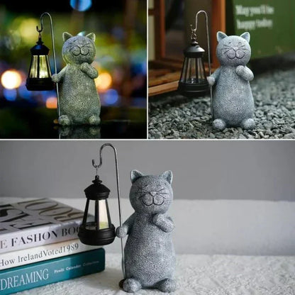 Solcellelampe med kattefigur til haven