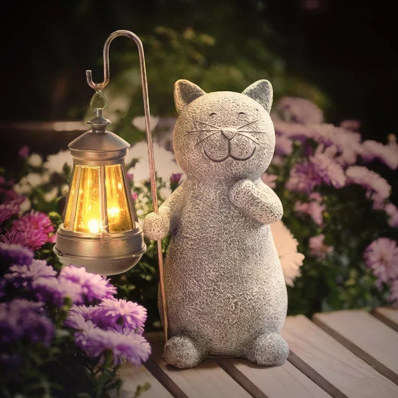 Solcellelampe med kattefigur til haven
