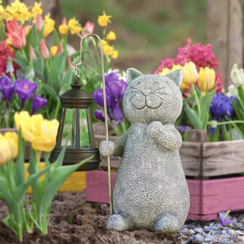 Solcellelampe med kattefigur til haven