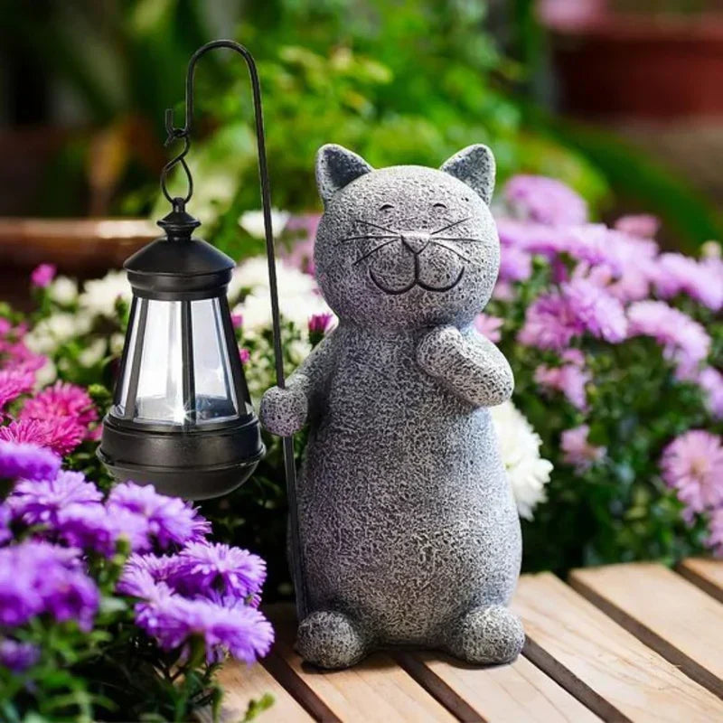 Solcellelampe med kattefigur til haven