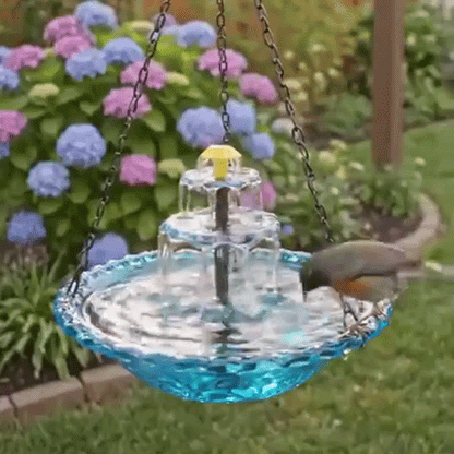 Hængende fuglebad i glas med todelt solcellefontæne