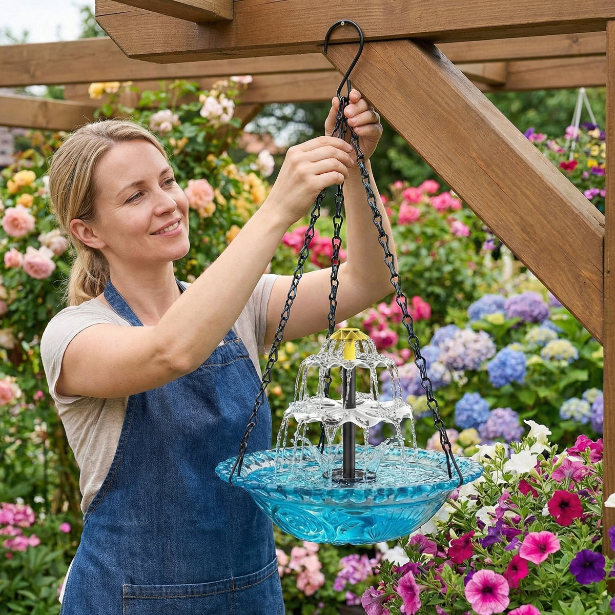 Hængende fuglebad i glas med todelt solcellefontæne