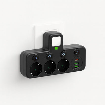 Stikdåse med 3 udtag, USB og overspændingsbeskyttelse