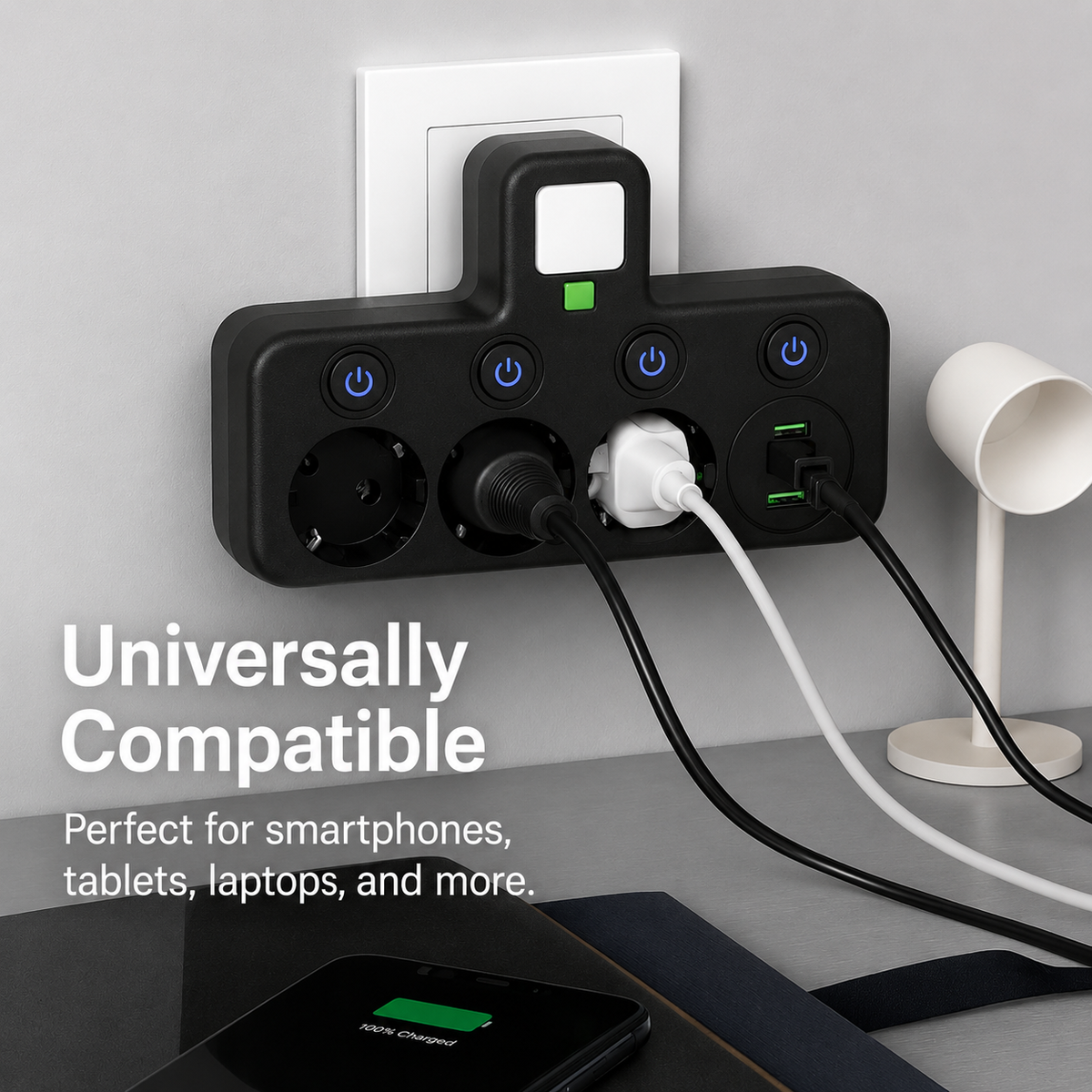 Stikdåse med 3 udtag, USB og overspændingsbeskyttelse