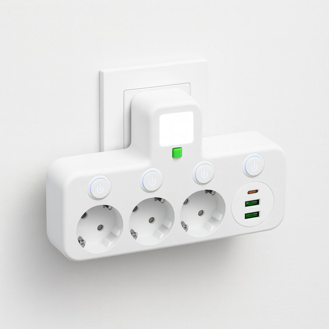 Stikdåse med 3 udtag, USB og overspændingsbeskyttelse