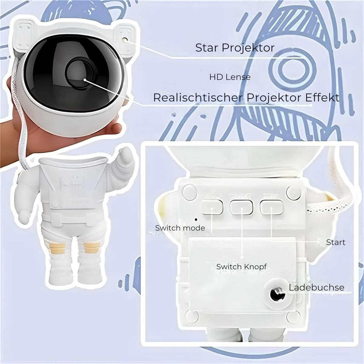 LED-stjerneprojektor med astronautfigur