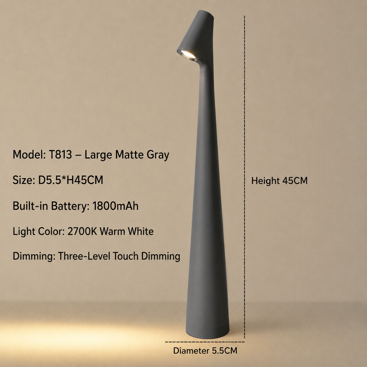 Trådløs LED-bordlampe med touchdæmper i 3 niveauer