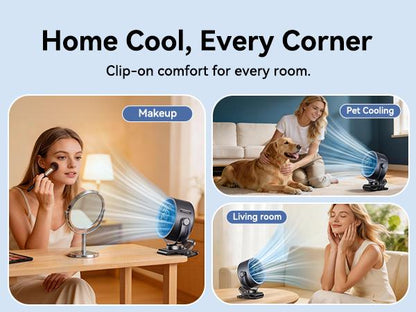 Bærbar klemmeventilator med 100 hastigheder og 360° drejehoved