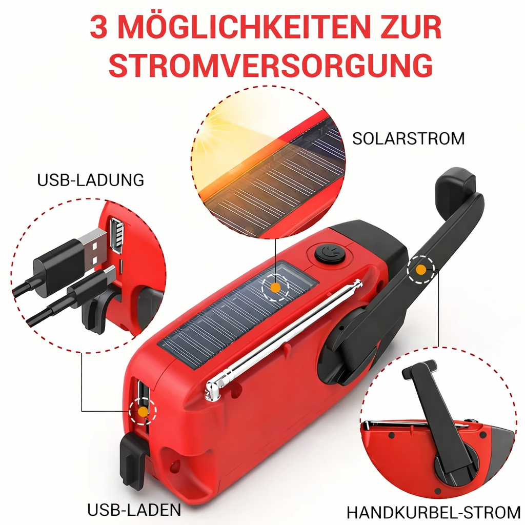 Nødradio med håndsving, solcelle, lommelygte og powerbank