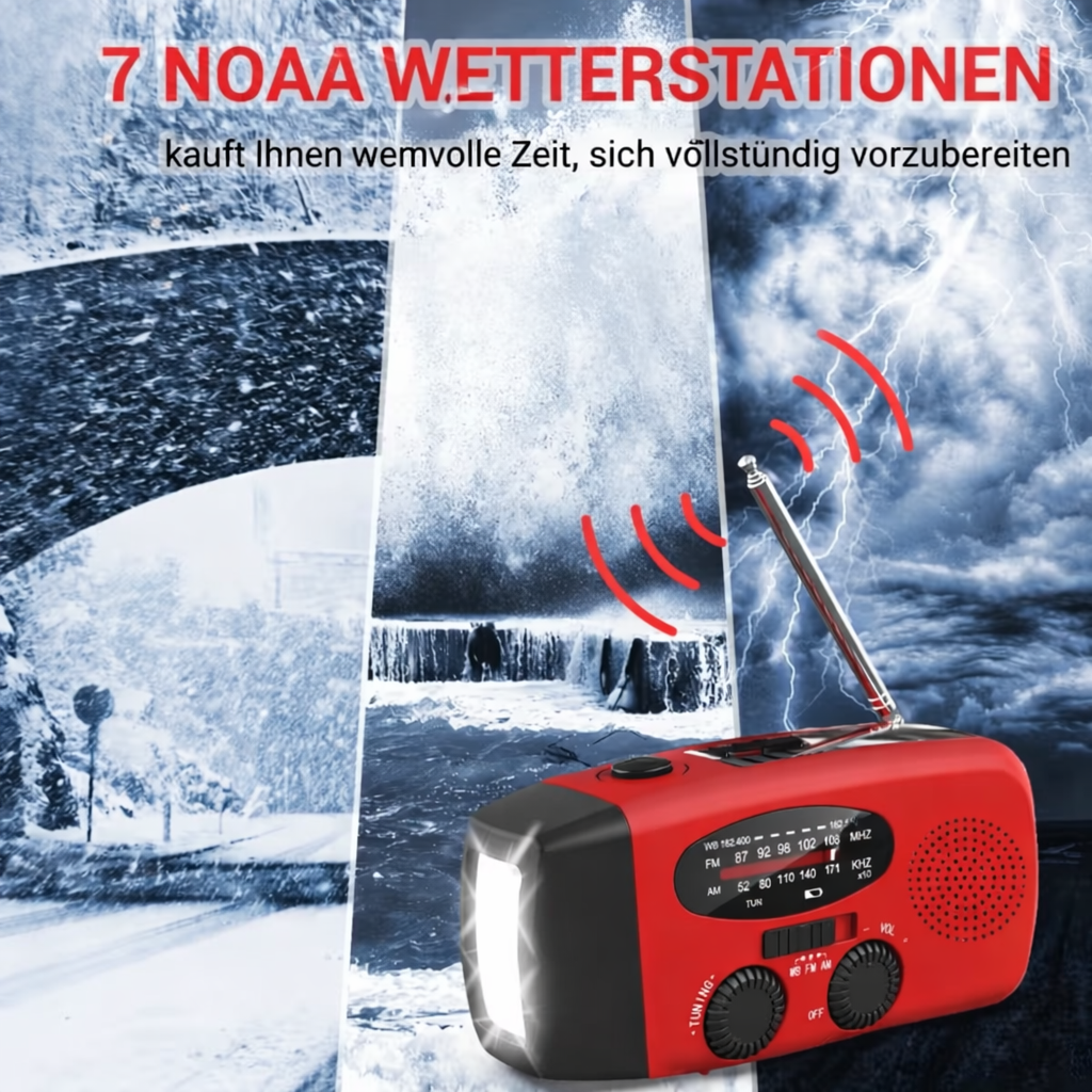 Nødradio med håndsving, solcelle, lommelygte og powerbank