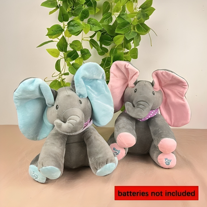 Interaktiv plys-elefant med titte-bøh og melodier