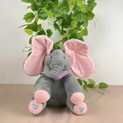Interaktiv plys-elefant med titte-bøh og melodier