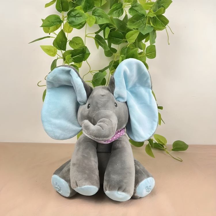 Interaktiv plys-elefant med titte-bøh og melodier