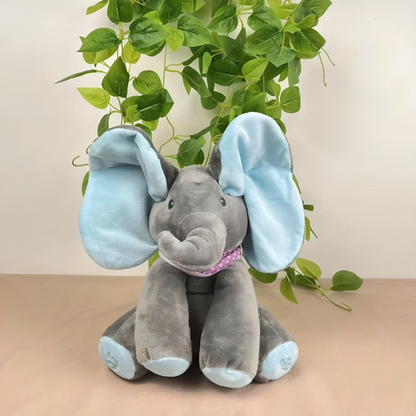 Interaktiv plys-elefant med titte-bøh og melodier