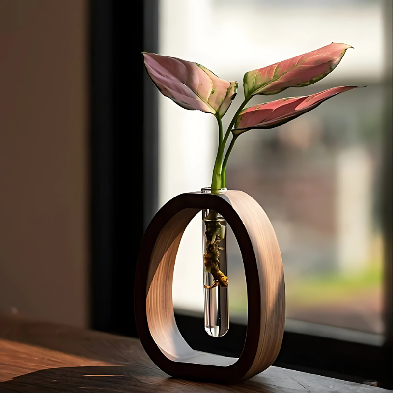 Minimalistisk vase med træramme og glasrør