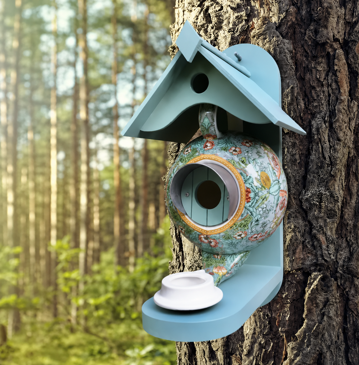 Håndmalet UV-bestandigt fuglehus i tekandedesign
