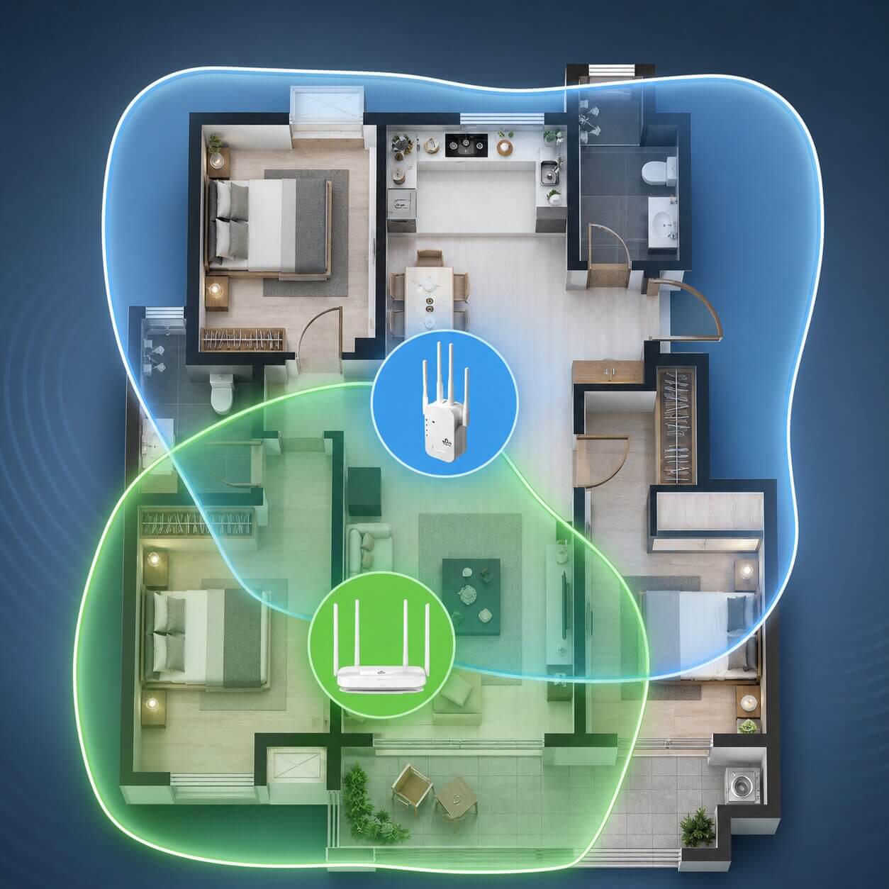Dual-band WiFi-repeater med 4 antenner