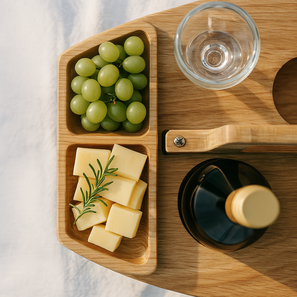 Sammenklappeligt vinbord i træ med glas- og flaskeholder