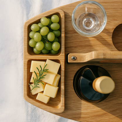 Sammenklappeligt vinbord i træ med glas- og flaskeholder