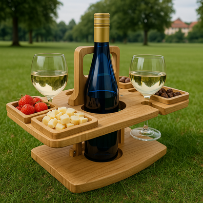 Sammenklappeligt vinbord i træ med glas- og flaskeholder