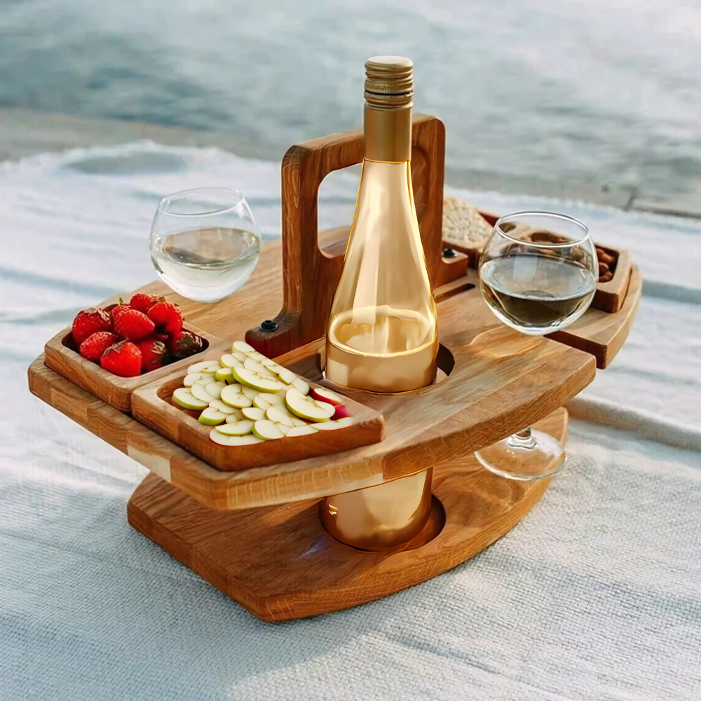 Sammenklappeligt vinbord i træ med glas- og flaskeholder