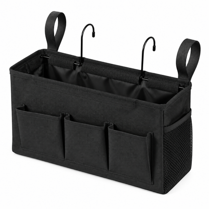 Sengelomme i kanvas med 5 lommer og 2 kroge – 37 × 12 × 20 cm