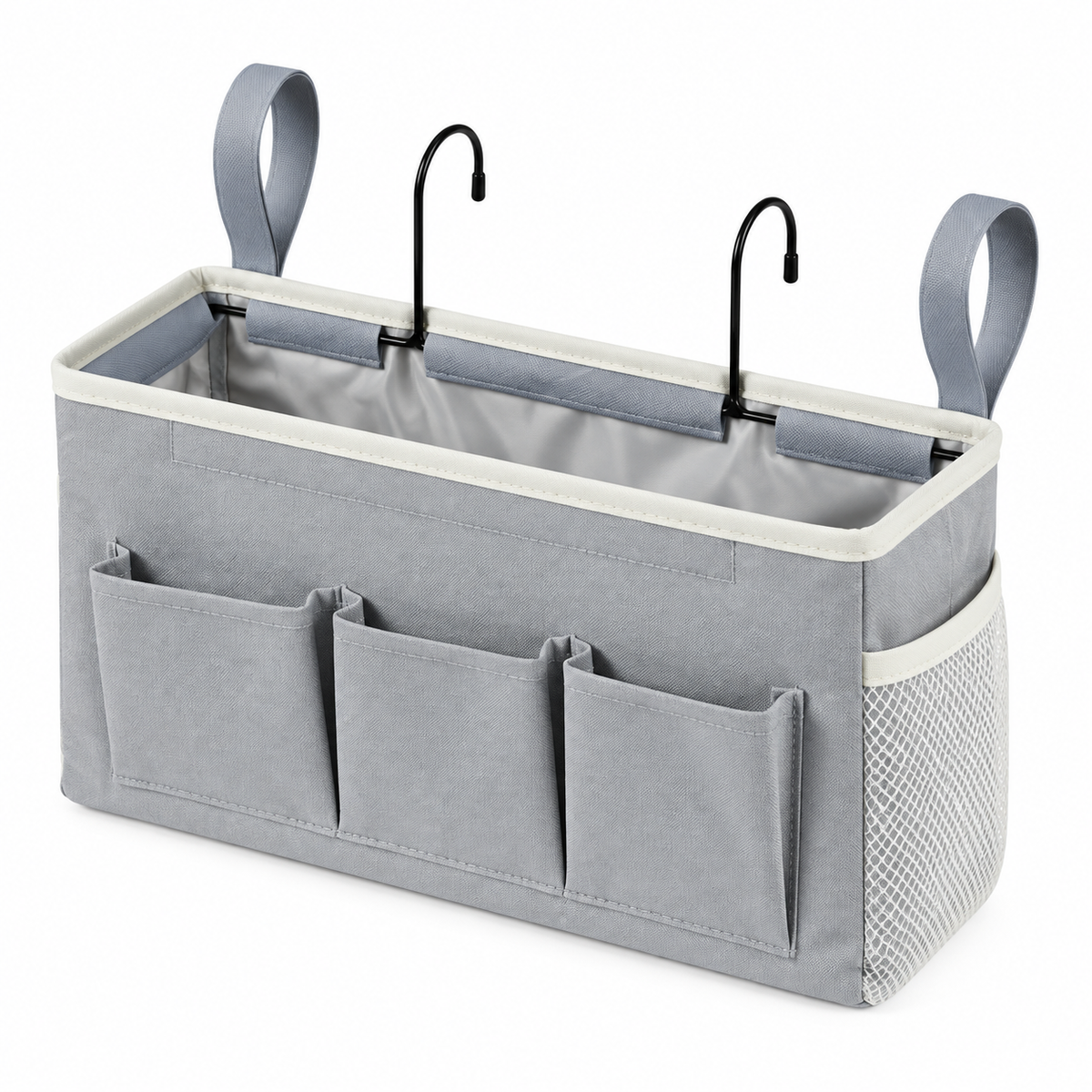 Sengelomme i kanvas med 5 lommer og 2 kroge – 37 × 12 × 20 cm