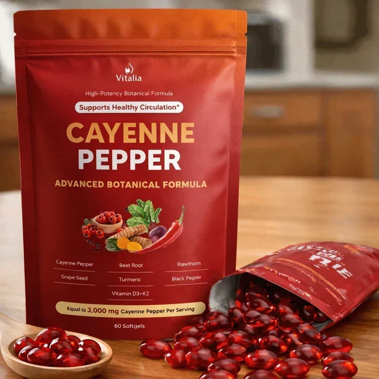 Cayennepeber i softgelkapsler med hvidtjørn, ginseng, D3 og K2