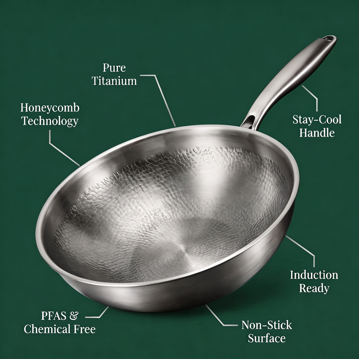 Håndhamret wok i titanium – 30 cm