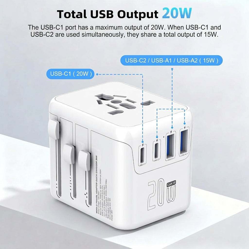 Universal rejseadapter 20 W med USB- og USB-C-porte